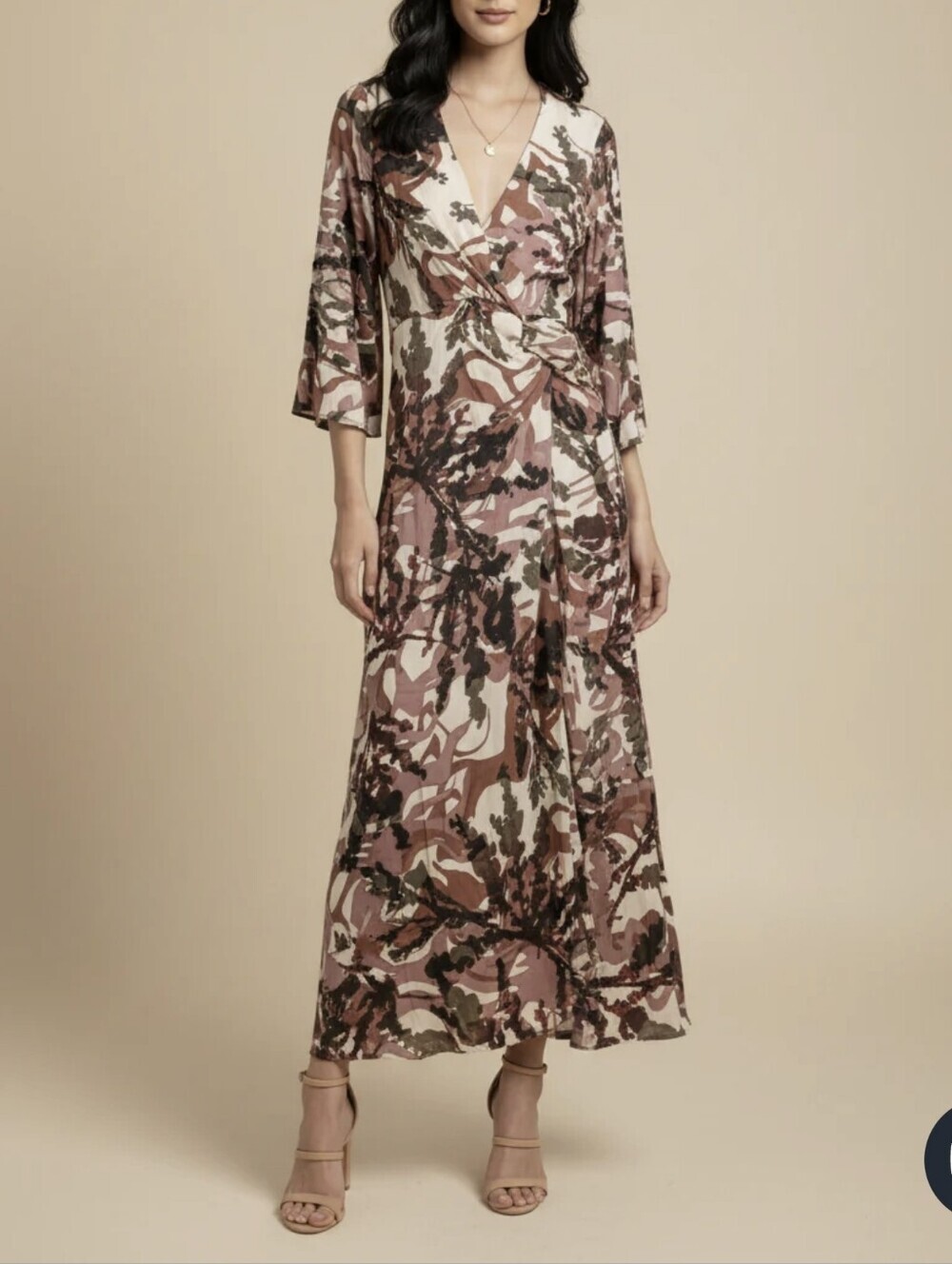 Grade & Gather Twist-Front Floral Maxi Dress in Blush and Olive Size S